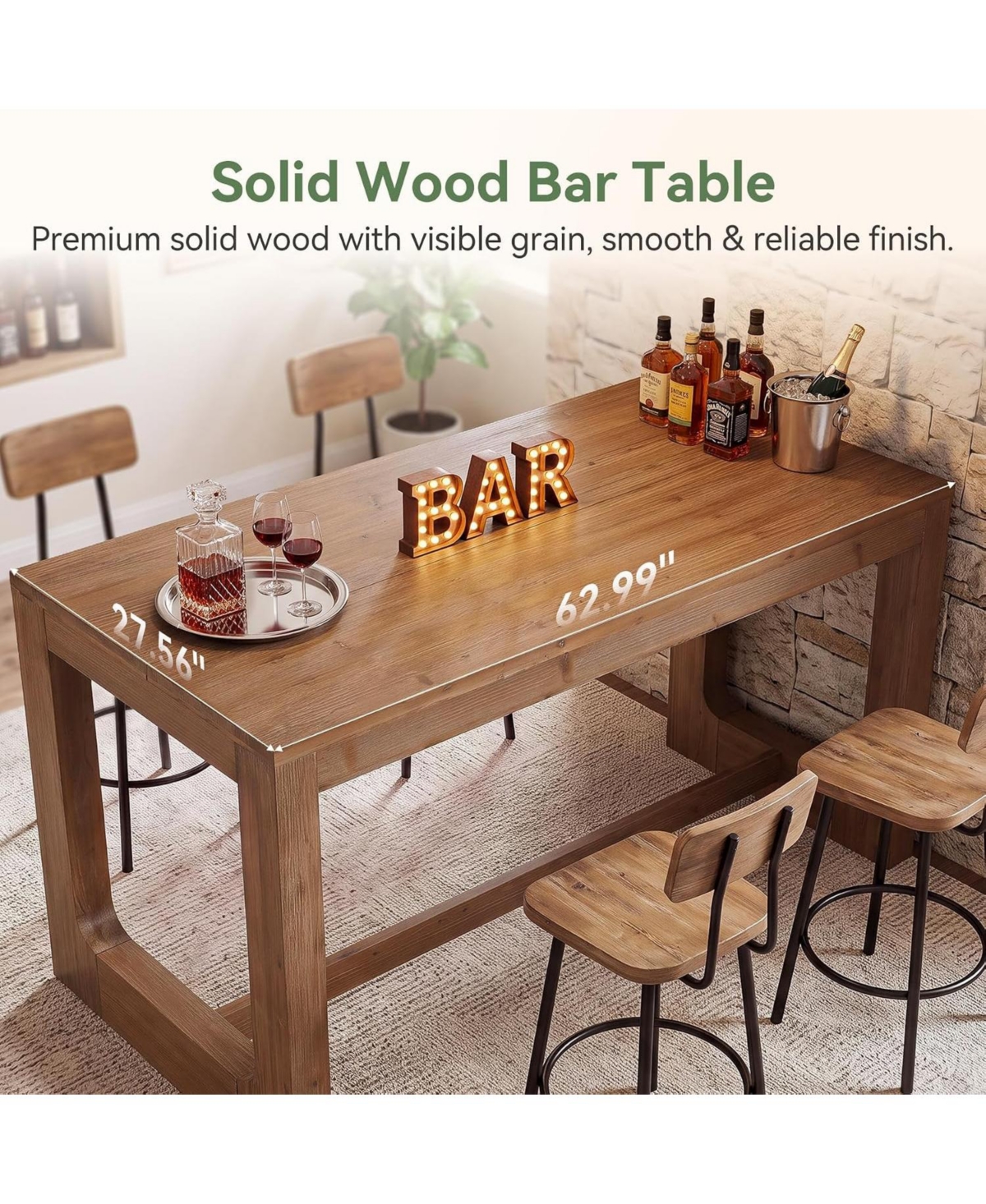 Tribesigns 63" Solid Wood Home Bar Table, Counter Height Table