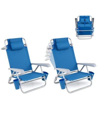 2 Pack Beach Chair With 7-Position Backrest Cooler Bag Towel Bar Pillow Cup Holders