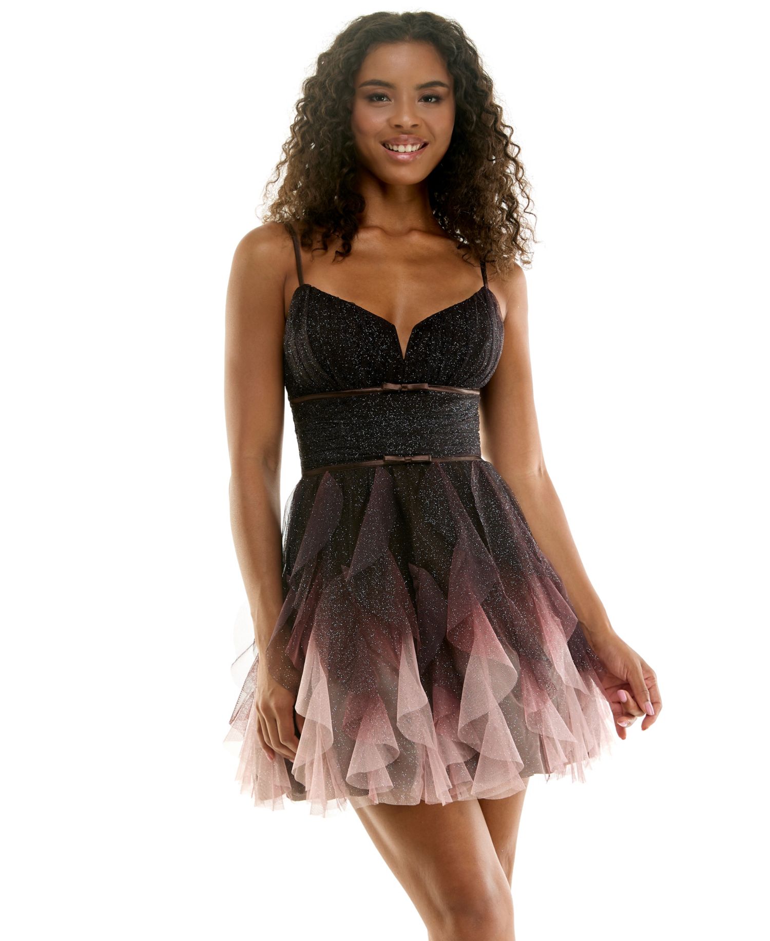 Juniors' Twilight Bloom Glitter Ruffle V-Neck Dress