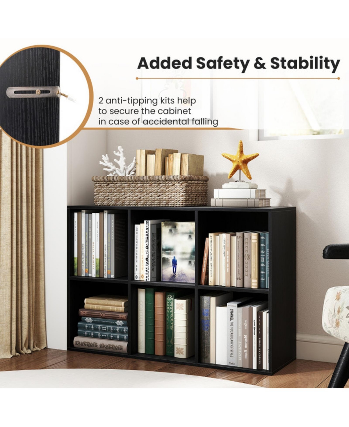 Sugift Modern 6-Cube Bookcase with Anti-Tipping Kits for Bedroom