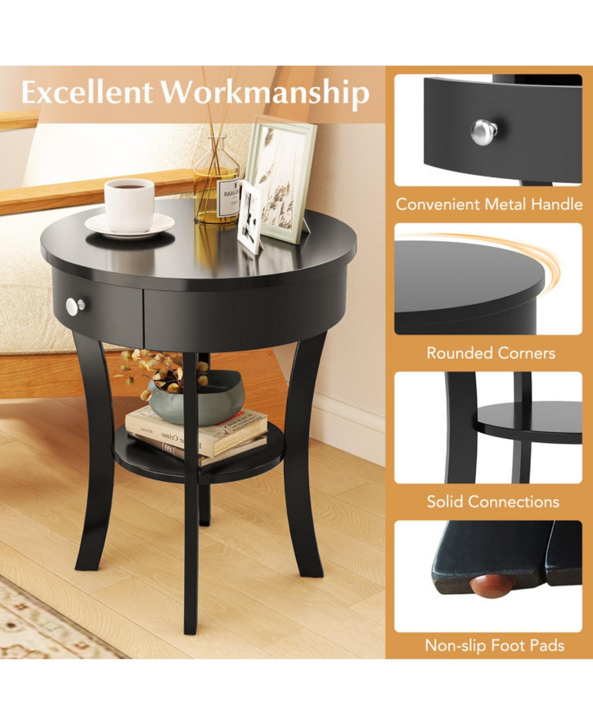 Sugift 2-Tier Round End Table with Open Drawer and Storage Shelf