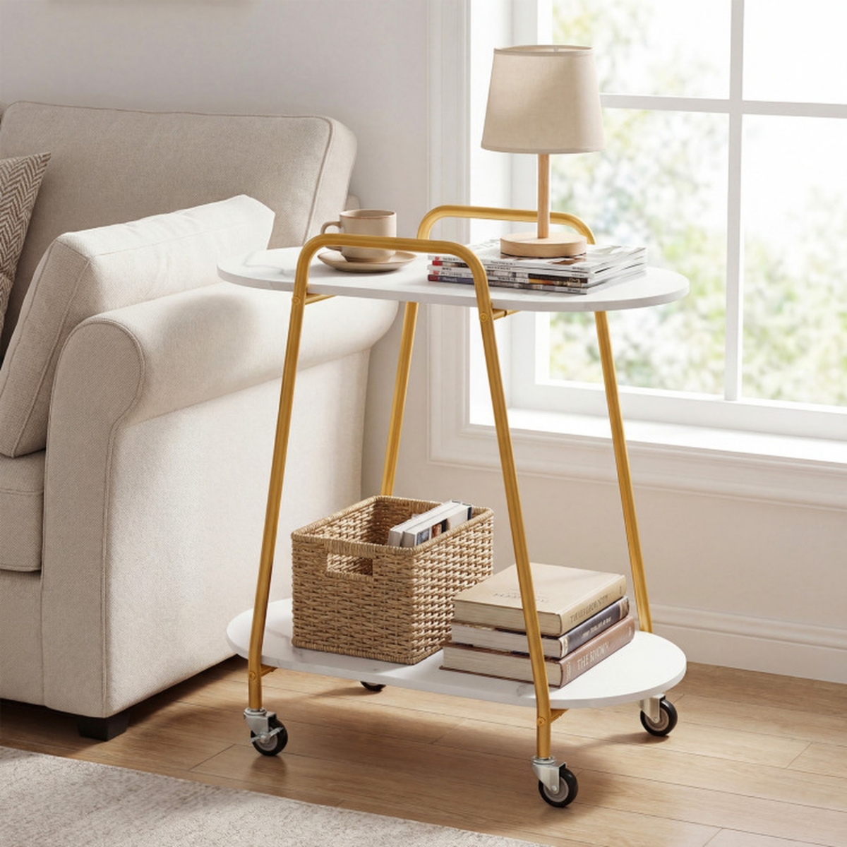 Sugift 2-Tier Rolling End Table with Faux Marble Shelves and Push Handle