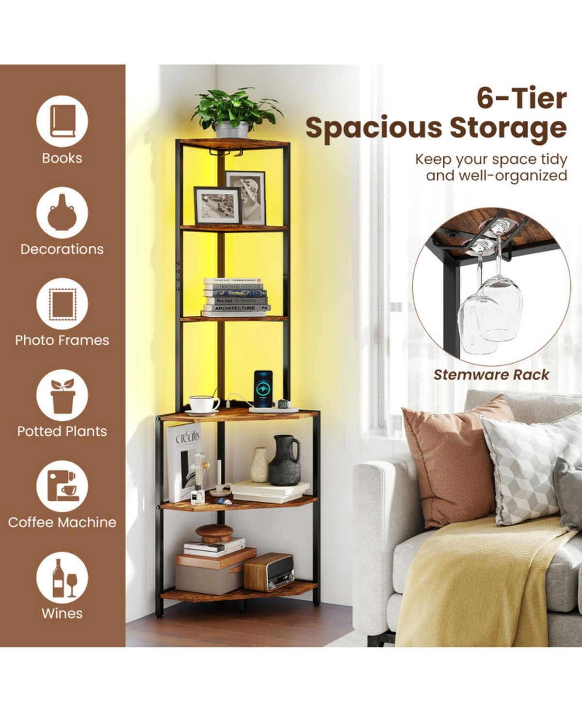 Sugift 65 Inch 6-Tier Corner Shelf with Charging Station Ambience Light and Stemware Rack