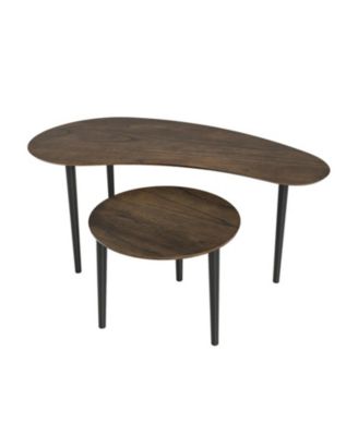 Mid Century Nesting Tables Set of 2 with Kidney Shaped Top and Rubber Wood Legs