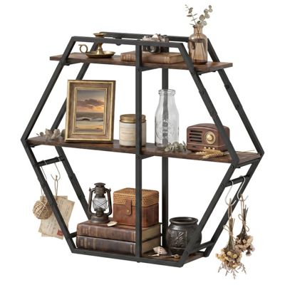 3-Tier Geometric Wall Mounted Bookcase Hexagon Display Shelf with 4 S-Shaped Hooks