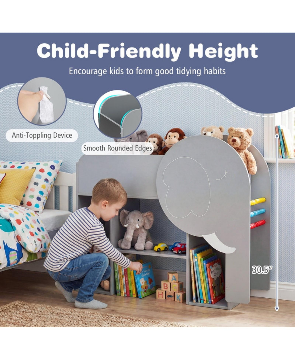 Sugift Montessori Kids Bookshelf 3-Tier Elephant Shaped Toddler Storage Organizer with Abacus and Chalkboard