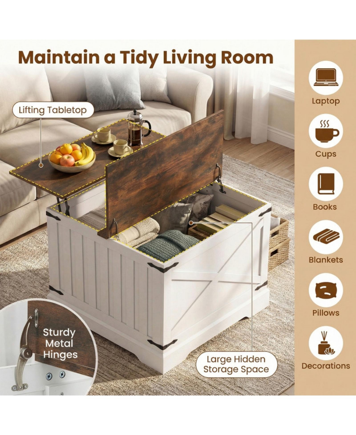 Sugift Farmhouse Lift Top Coffee Table with Hidden Storage Compartment
