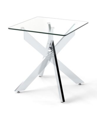 Square Glass End Table with Tempered Glass Top and Double X Metal Base
