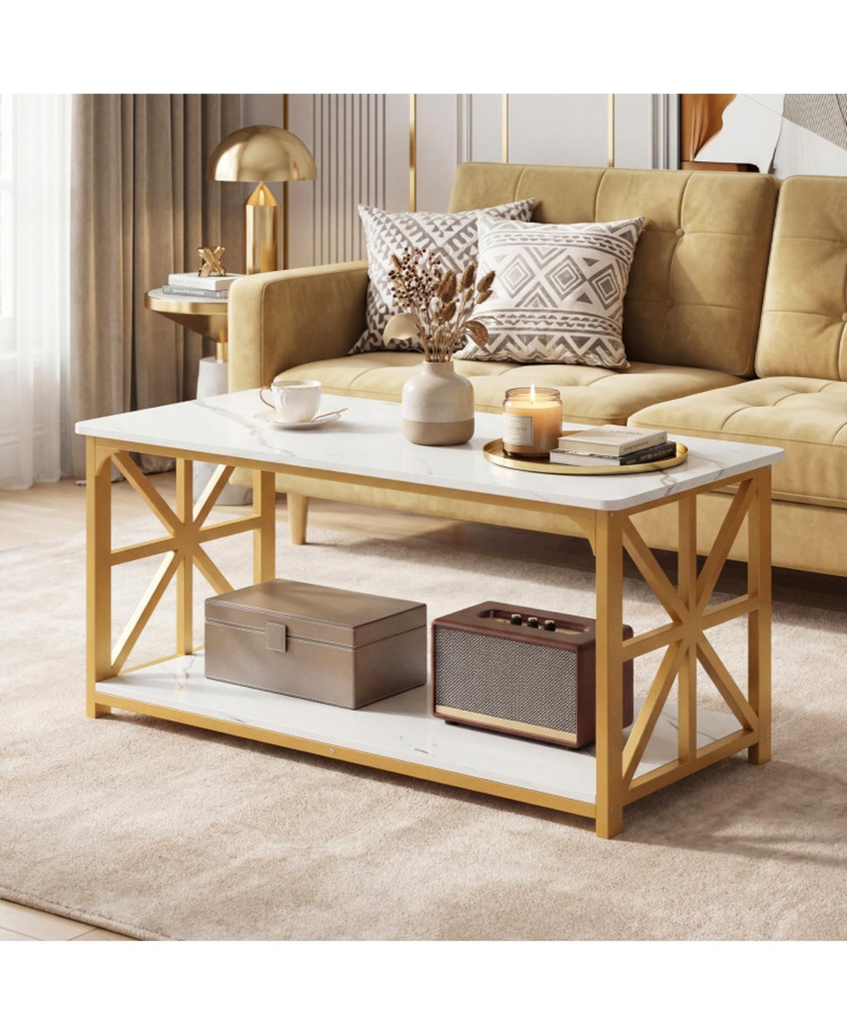 Sugift 43 Inch Faux Marble Coffee Table with X-Shaped Carbon Steel Frame