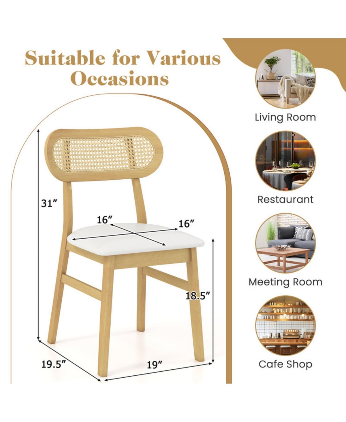 Sugift Mid Century Dining Chairs Set of 2 with Rattan Woven Backrest and Faux Leather Padded Seat