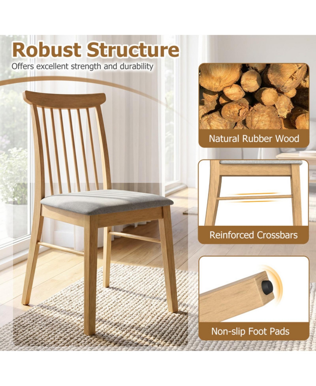 Sugift Upholstered Dining Chairs Set of 2 Armless Kitchen Chairs with Spindle Backrest and Padded Seats