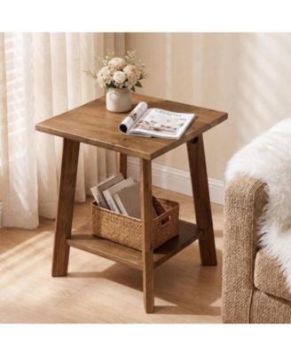 Solid Wood End Table, Square Side Table with 2-Tier