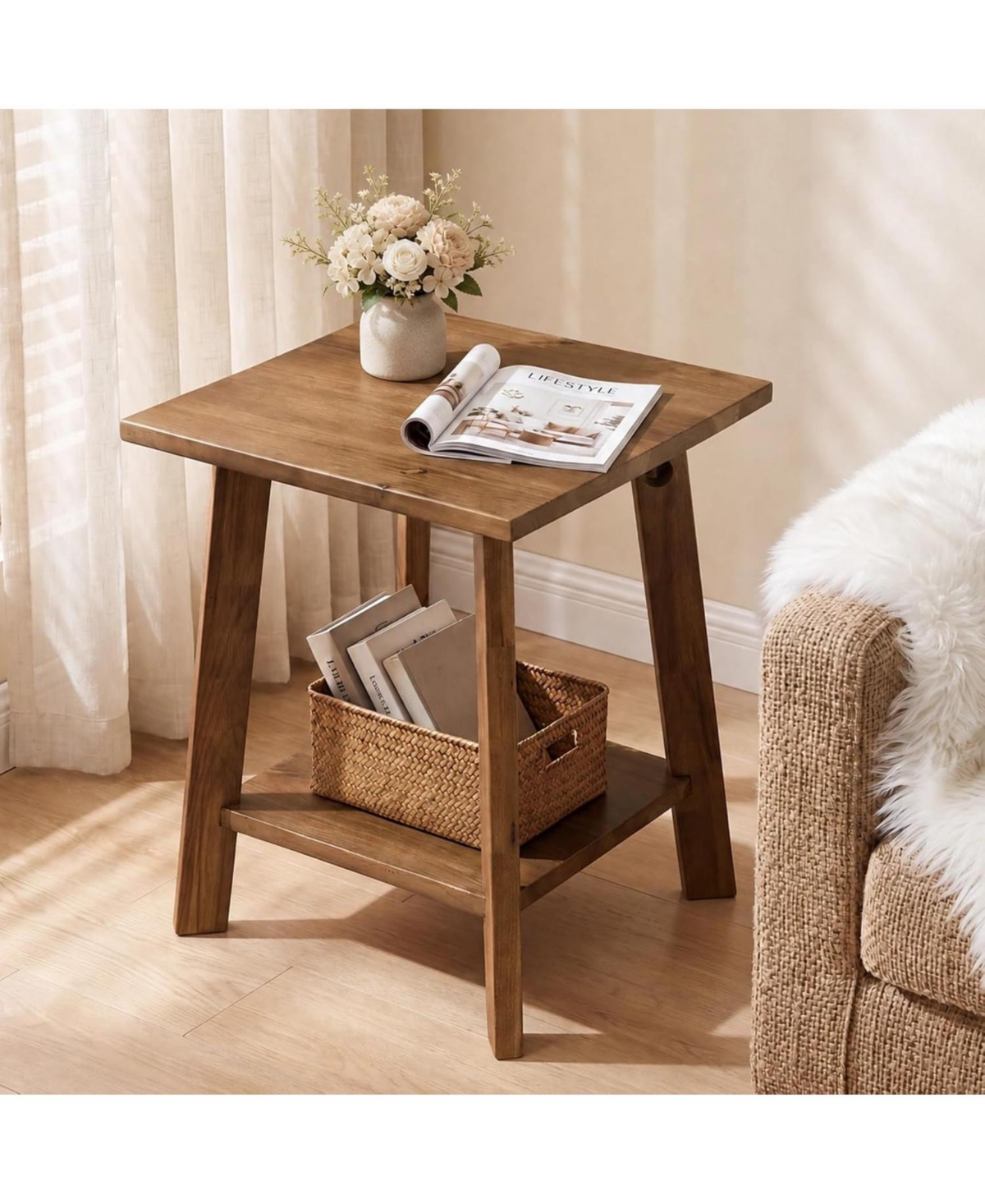 Tribesigns Solid Wood End Table, Square Side Table with 2-Tier - Brown
