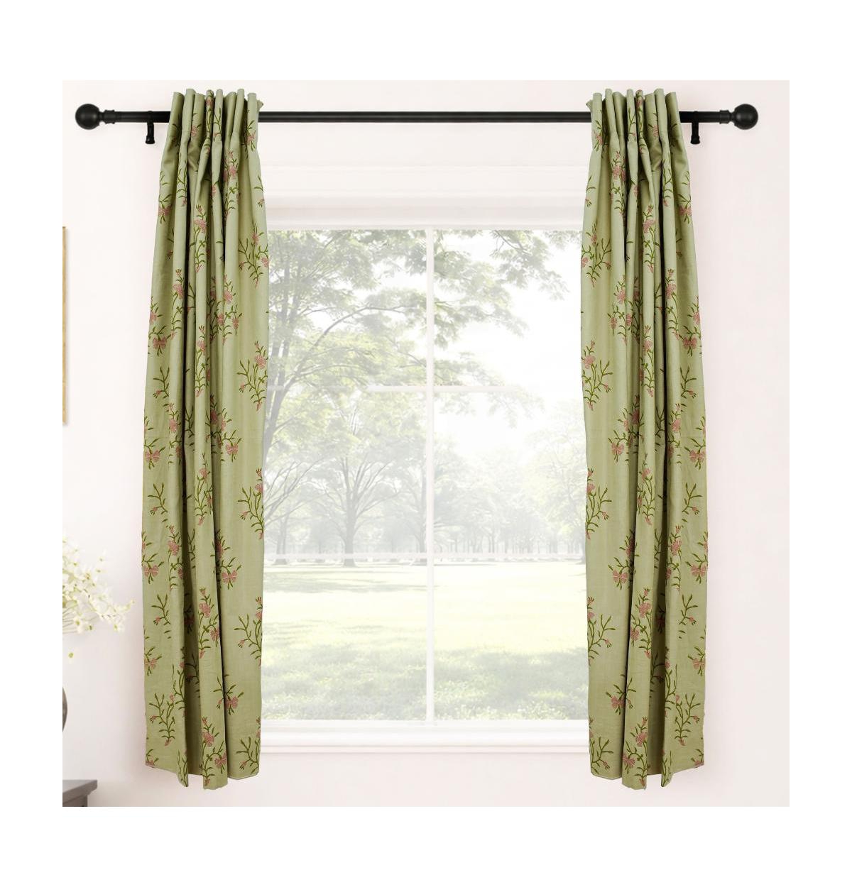 Fabdivine Handcrafted Floral Block Print Viscose Linen Curtains Panel