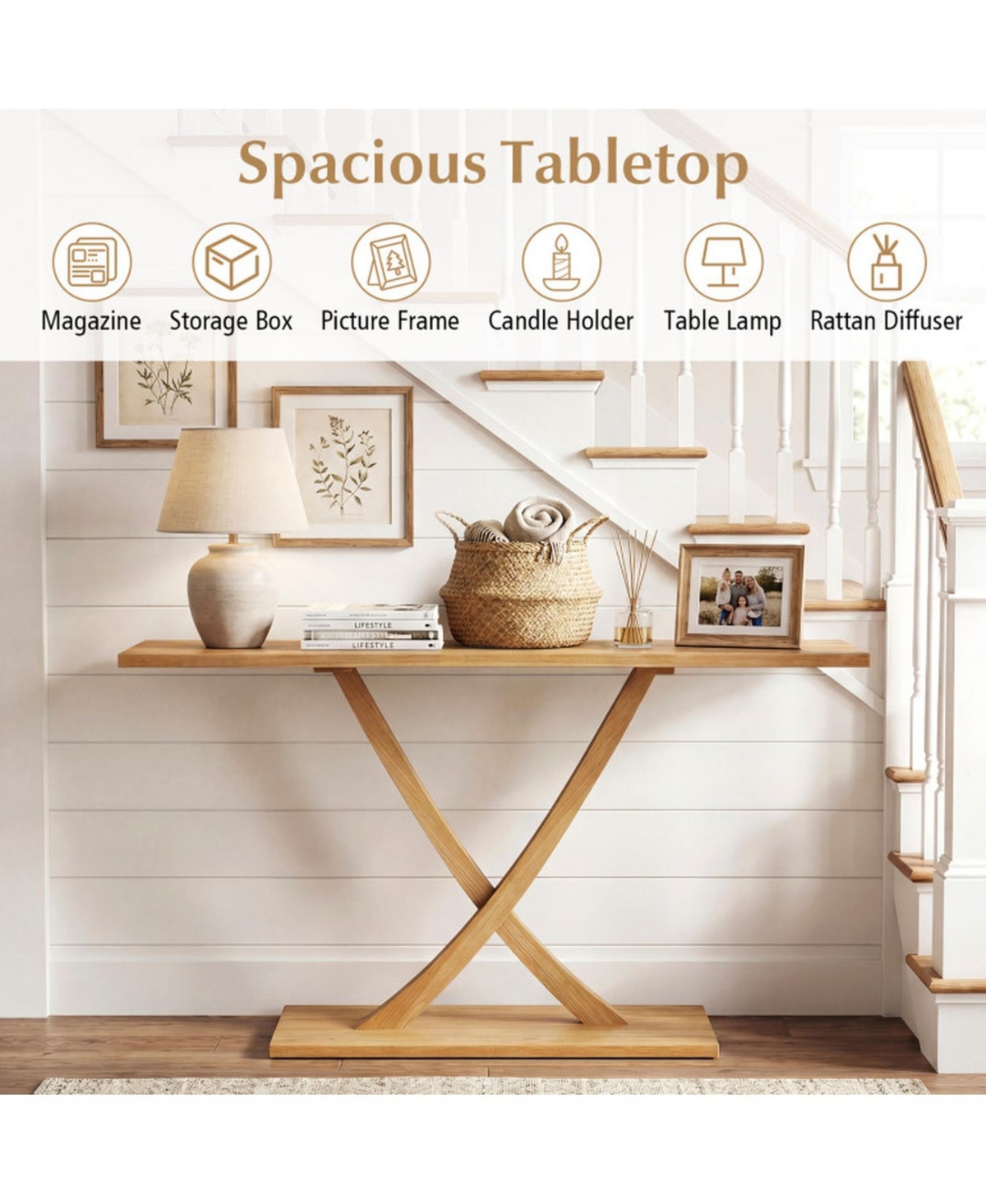 Sugift 57 Inches Solid Teak Wood Console Table with Geometric Open Frame for Entryway