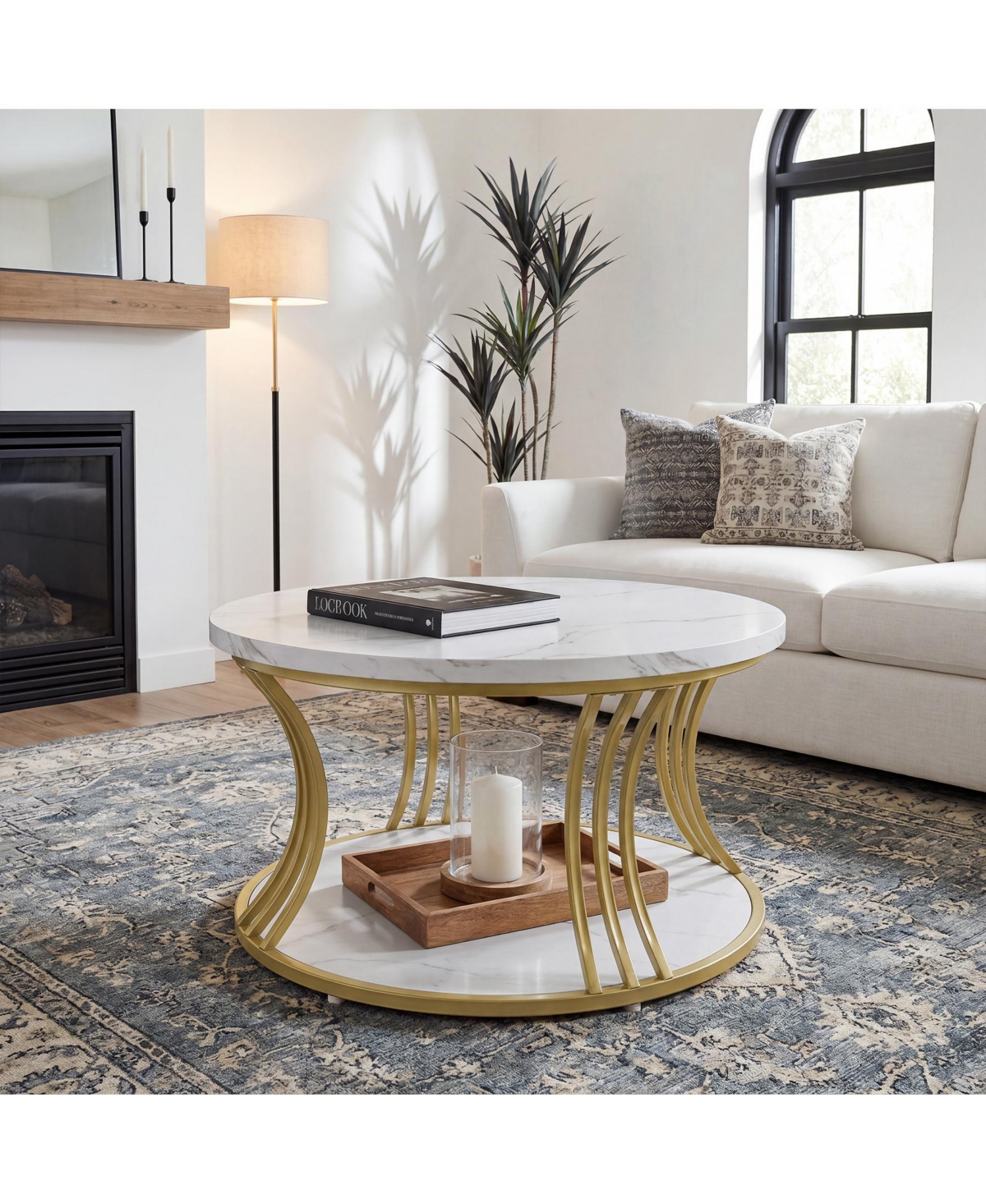 Tribesigns 31.5" Round Faux Marble Coffee Table with 2-Tier Storage
