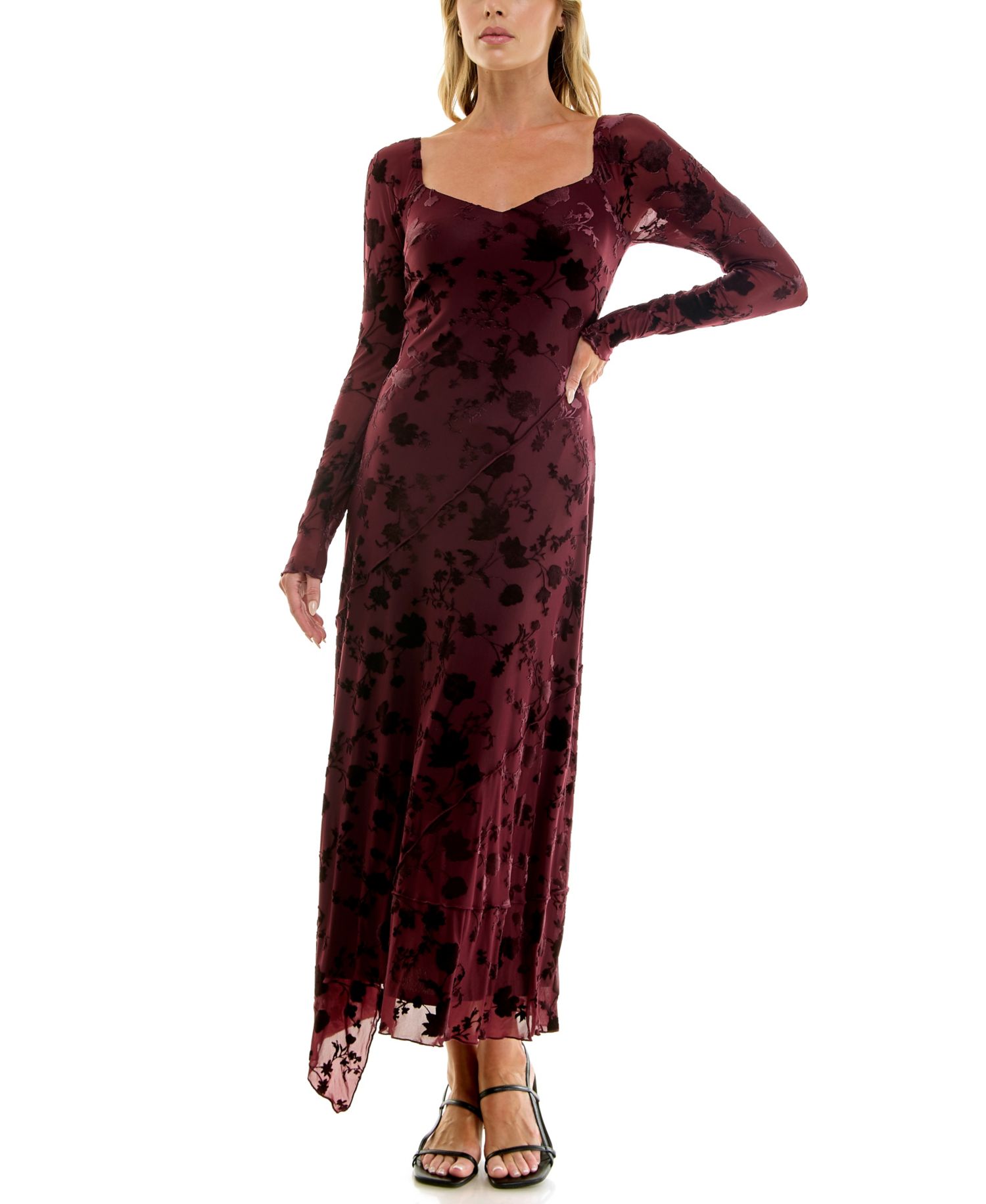 Juniors' Long-Sleeve V-Neck Velvet-Burnout Midi Dress