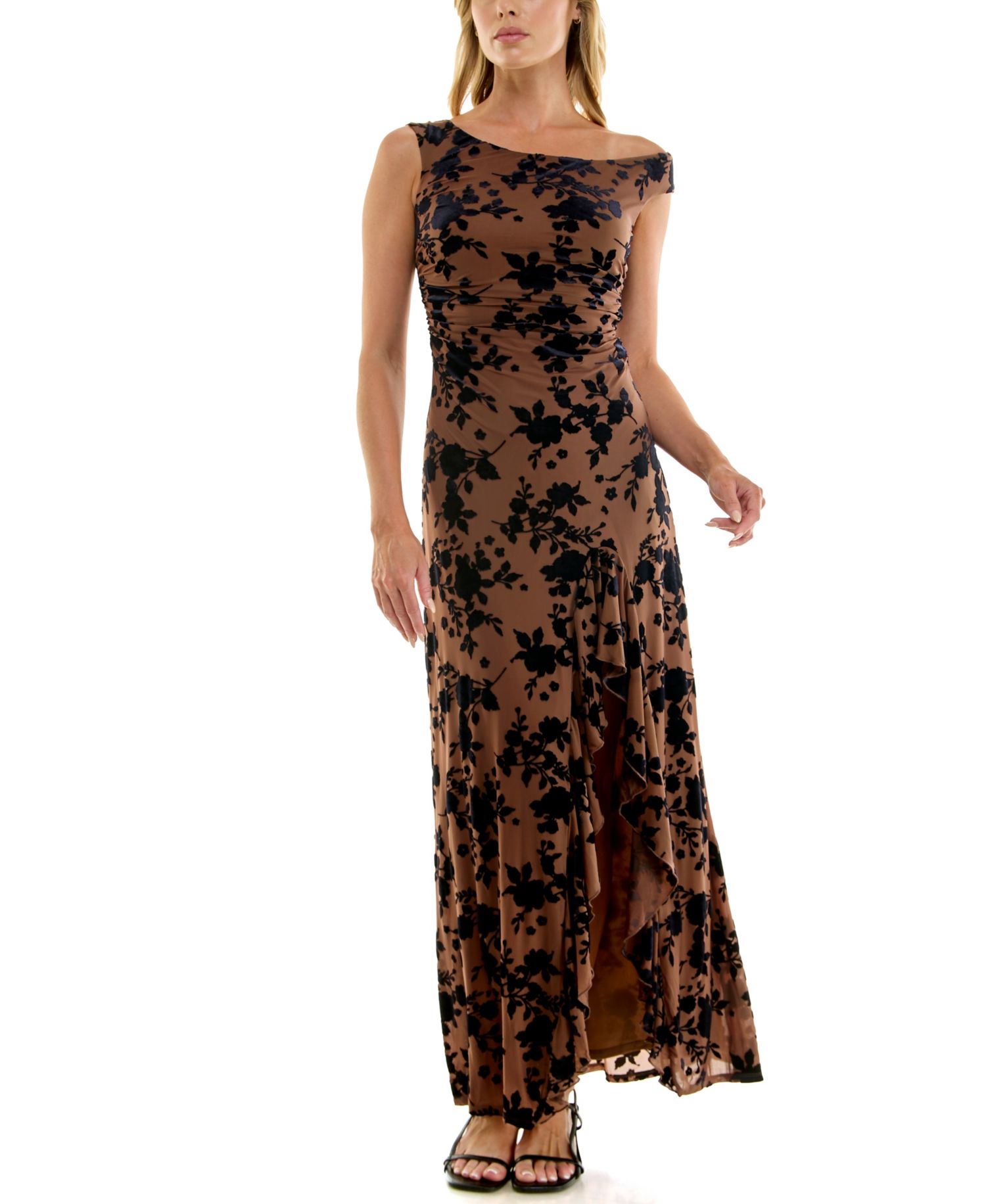 Juniors' Velvet Burnout Off-The-Shoulder Maxi Dress