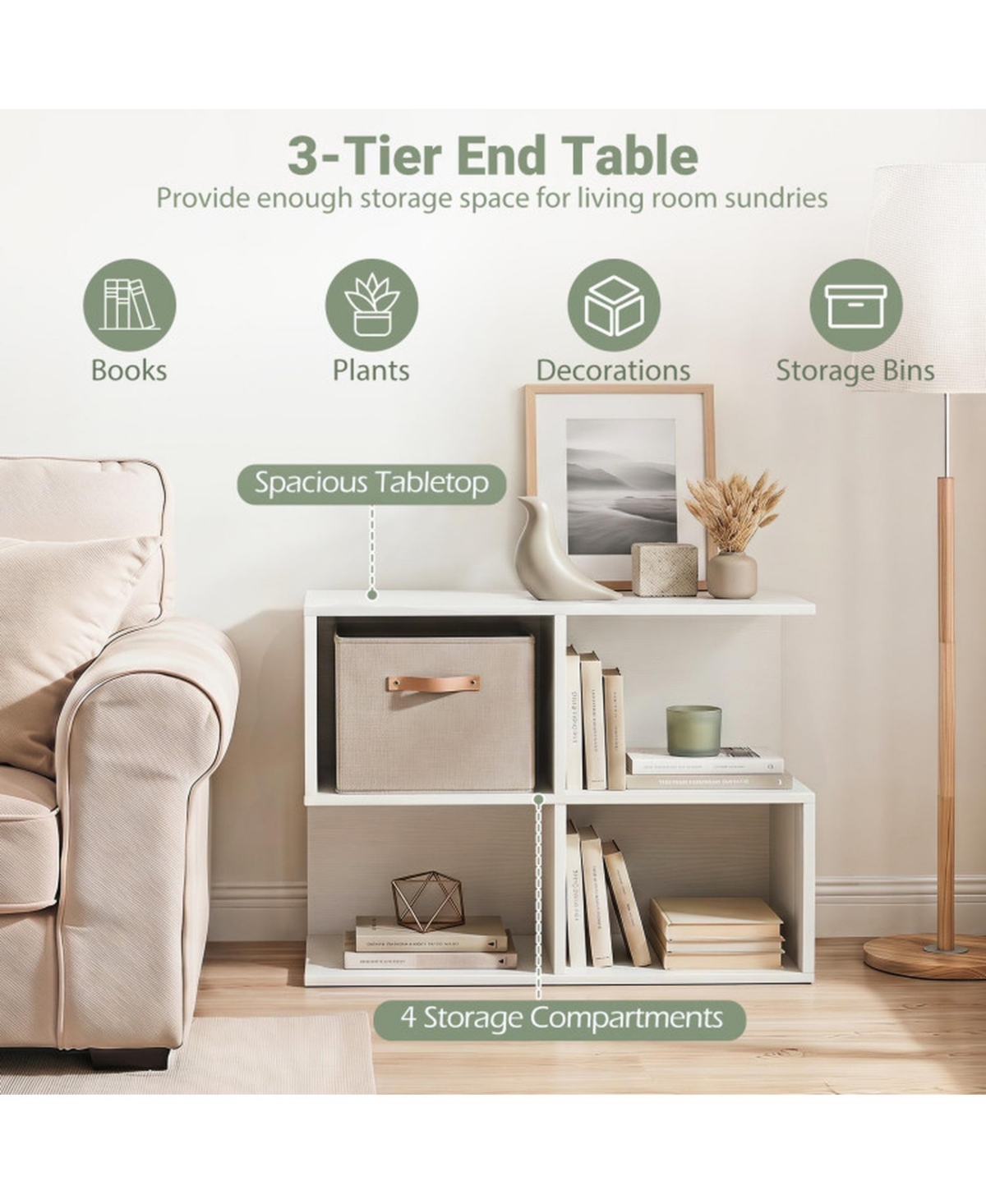 Sugift 3-Tier S-Shaped End Table with 4 Open Storage Cubes for Living Room