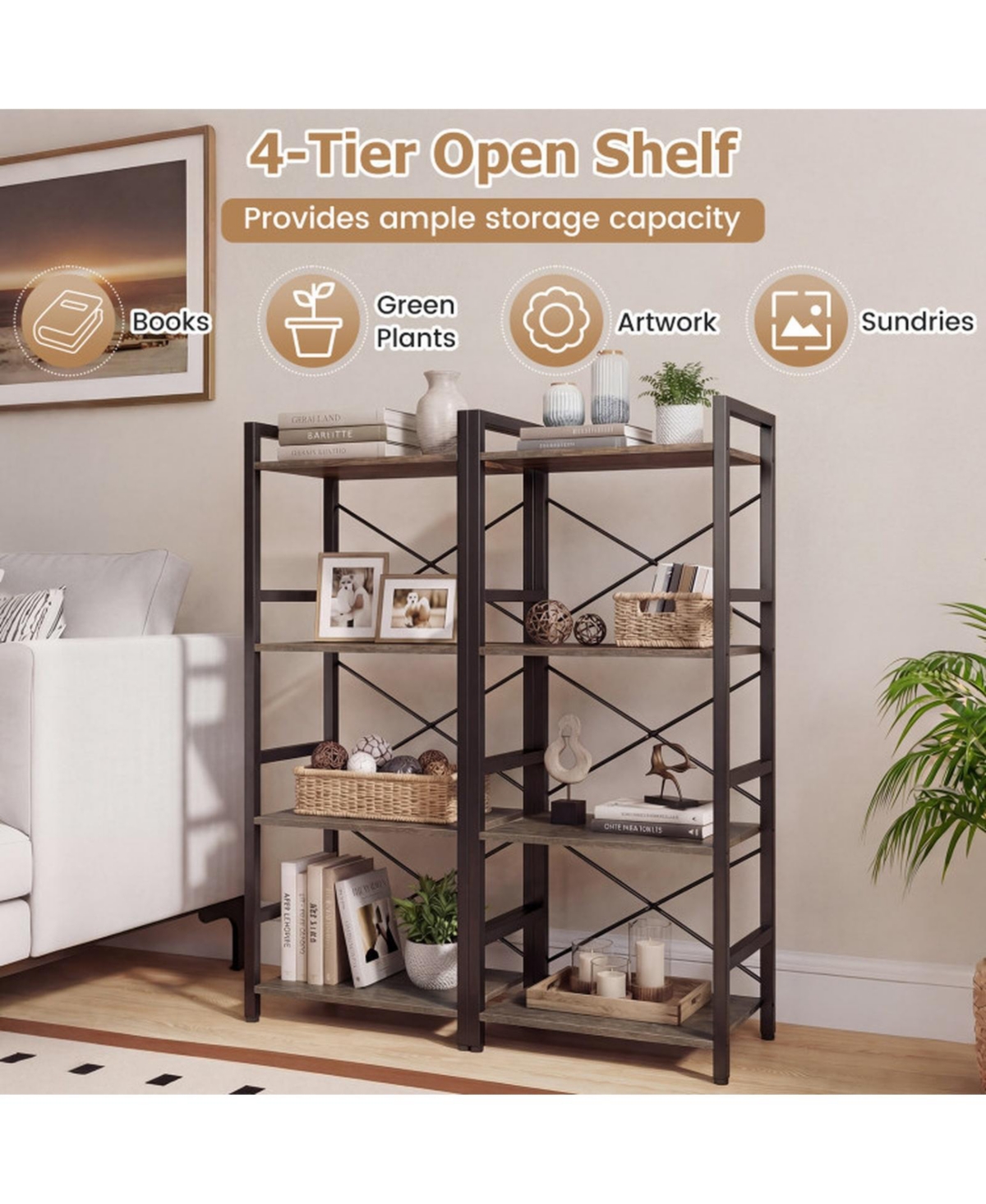 Sugift Narrow 4-Tier Bookshelf with X-Braced Metal Frame and Safety Side Rails