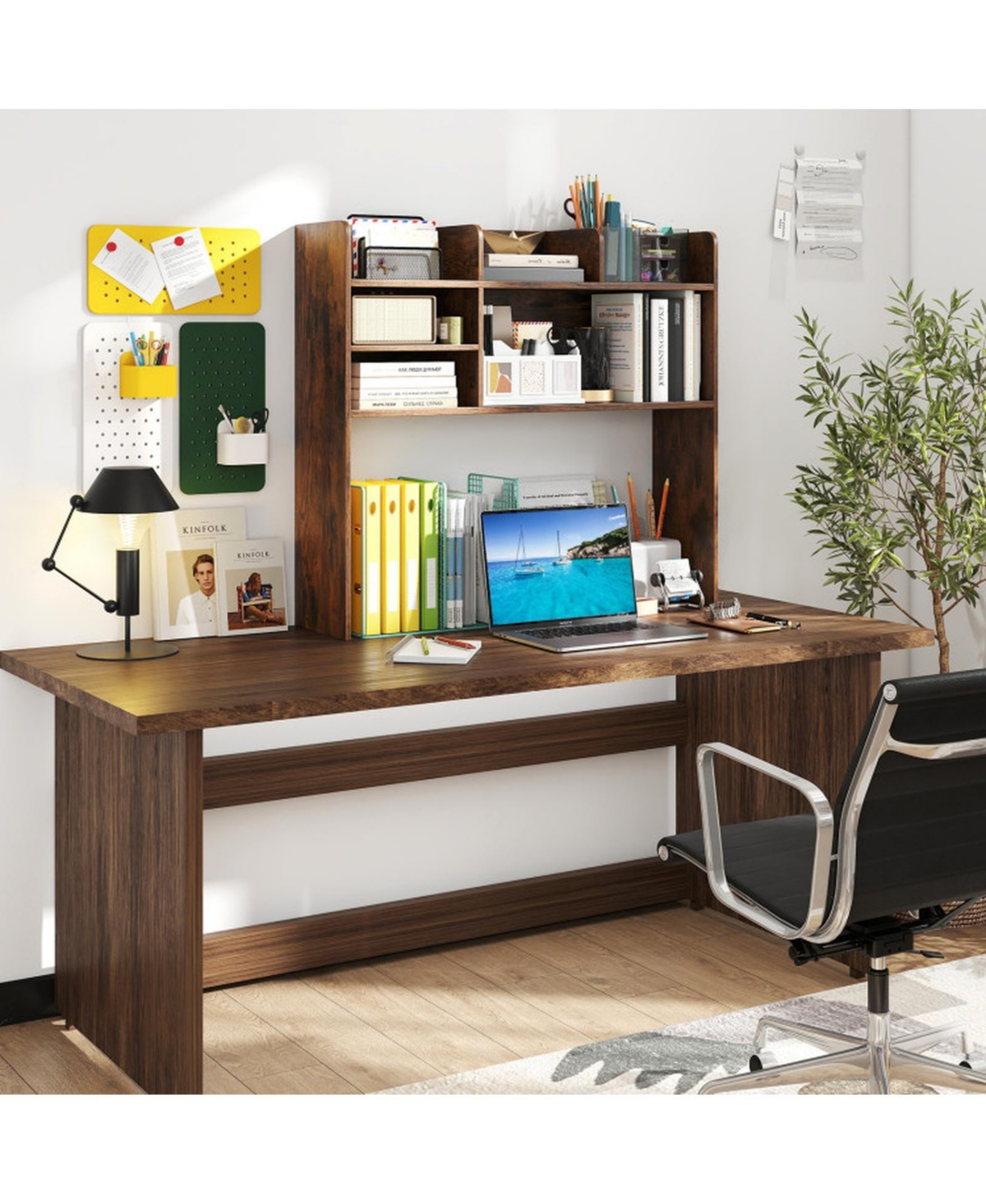 Sugift Desktop Bookshelf Countertop Storage Hutch with 6 Shelves Fits Monitors up to 32 Inches