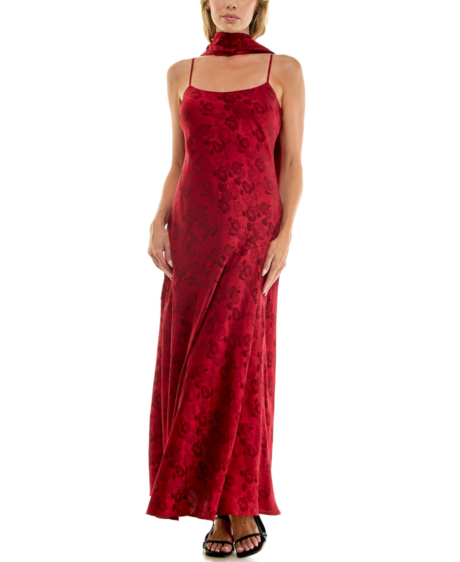 Juniors' Sleeveless Floral Slim Jacquard-Satin Maxi Dress with Matching Scarf