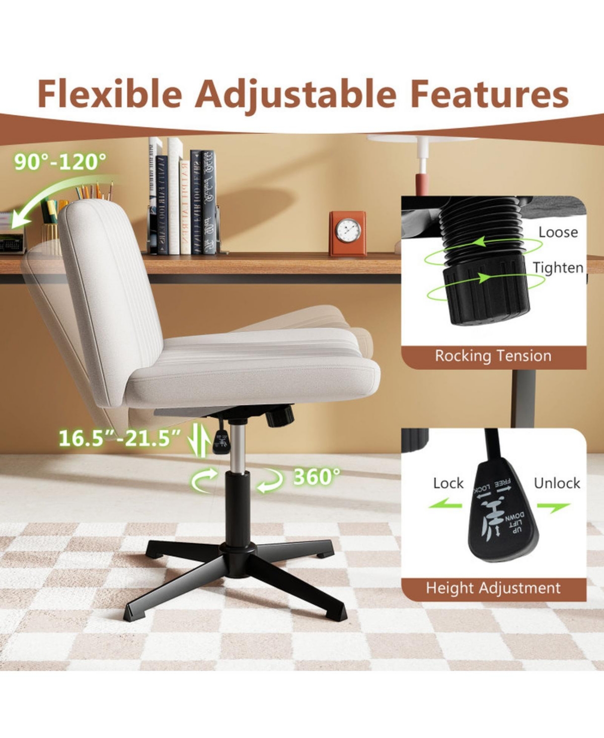 Sugift Cross-Legged Swivel Desk Chair No Wheels with Extra Wide Linen Seat