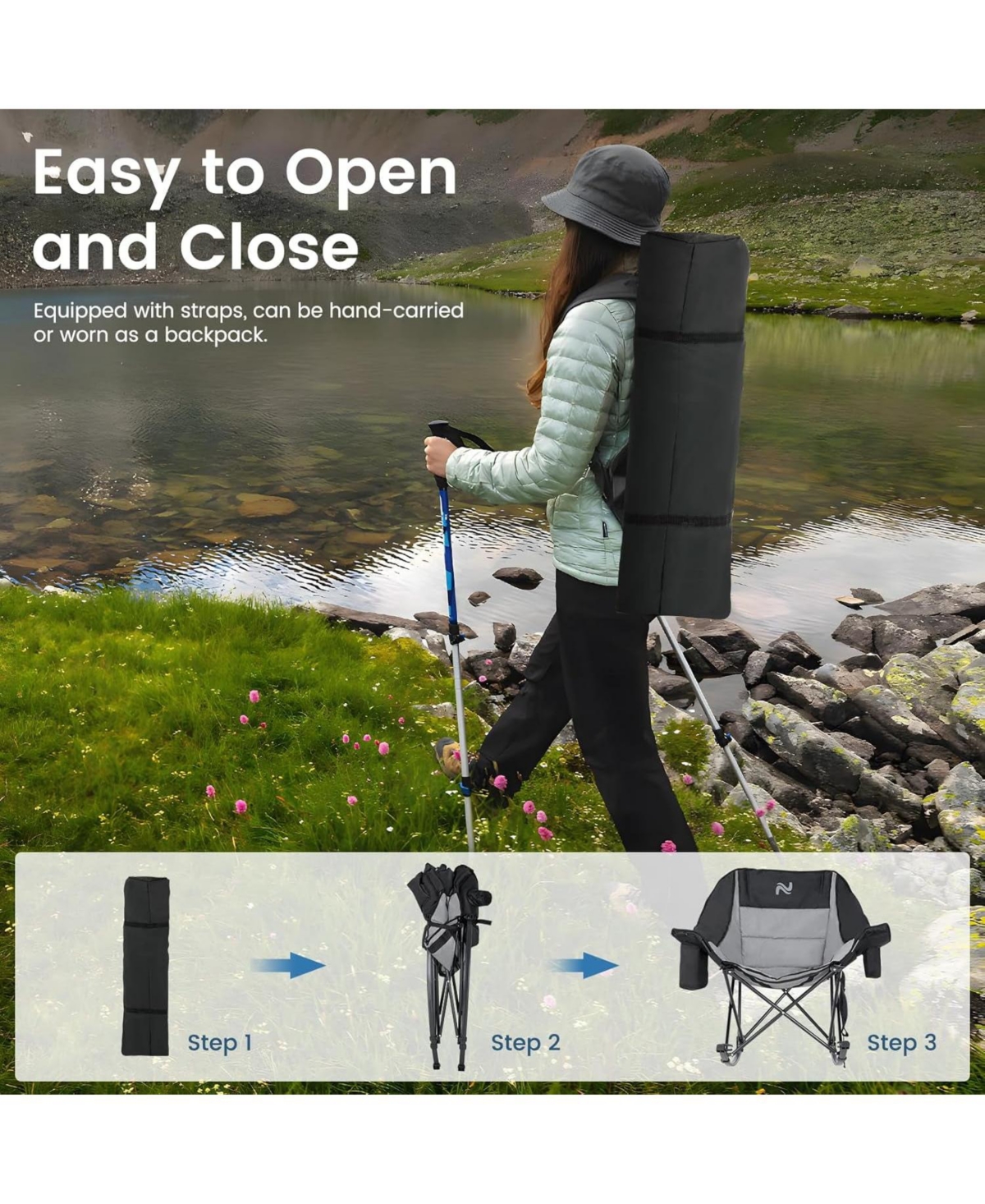 Aboron Oversized Rocking Camping Chair, Folding Chair,Fully Padded Patio Chair with Cooler BagandSide Pocket,Portable Outdoor Recliner