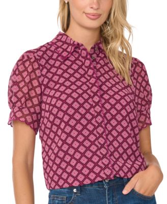 Women's Short-Sleeve Scallop Trim Button Up Blouse