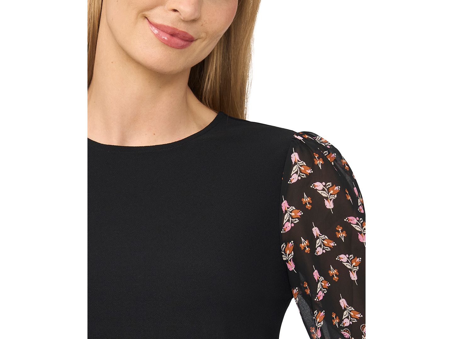 Женская блузка CeCe Mixed Media Crewneck Long-Sleeve Puff-Sleeve Blouse, цвет: Насыщенный чёрный — фото 3