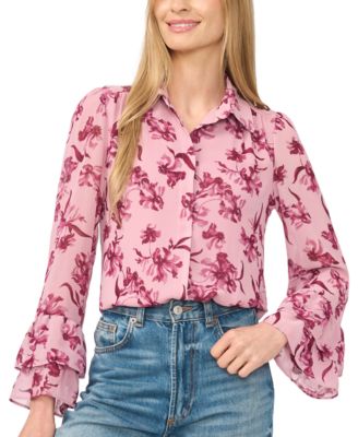 Women's Long-Sleeve Double-Ruffle Cuff Button-Down Floral-Print Blouse