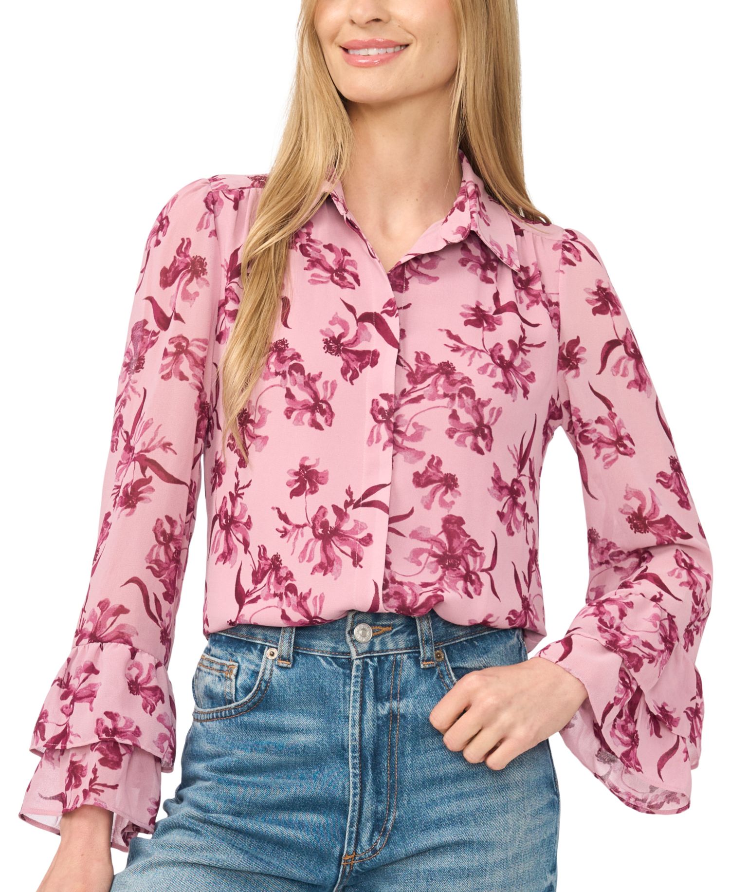 Women's Long-Sleeve Double-Ruffle Cuff Button-Down Floral-Print Blouse
