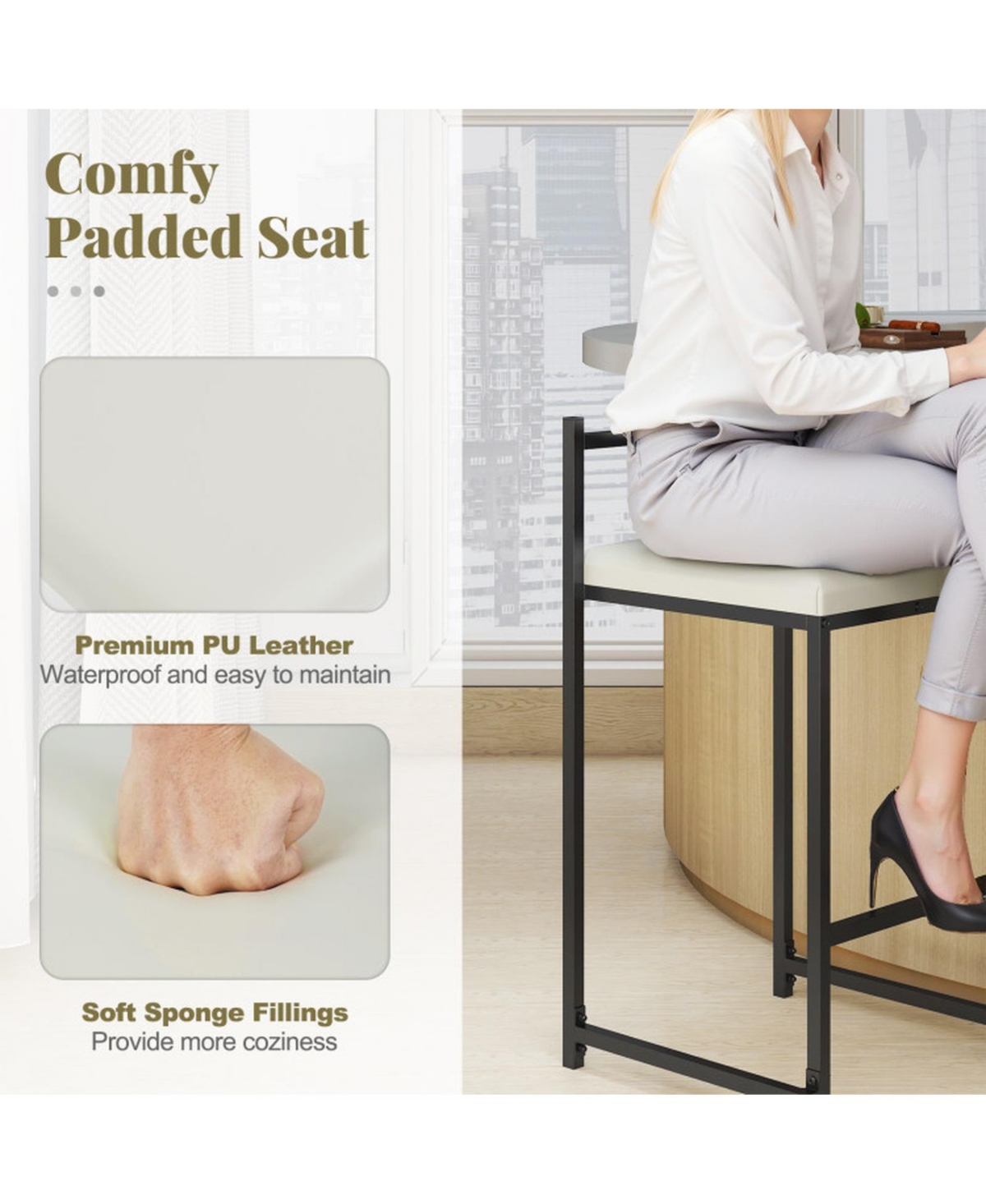 Sugift Set of 2 Stackable Counter Height Bar Stools with Upholstered Seat and Footrest