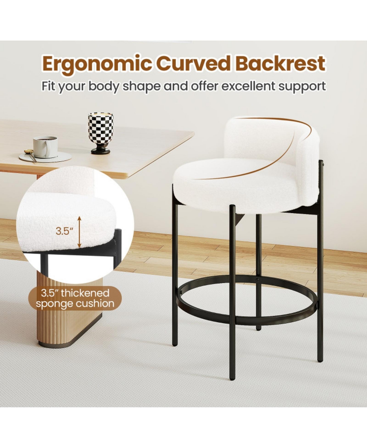 Sugift 24 Inch Boucle Counter Stools Set of 4 with Curved Backrests and Thick Cushioned Seats