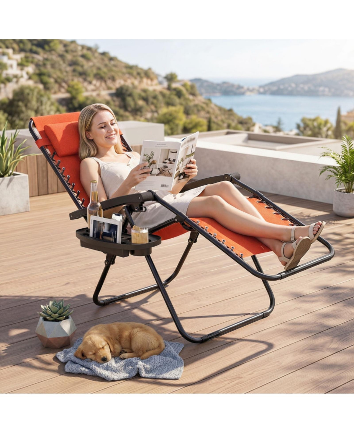 Sugift Set of 2 Zero Gravity Recliner Chairs with Cup Holder Trays and Adjustable Pillows