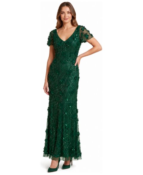 Женское платье Lara 3D Floral Embellished Cape Sleeves Gown, цвет: Изумрудный