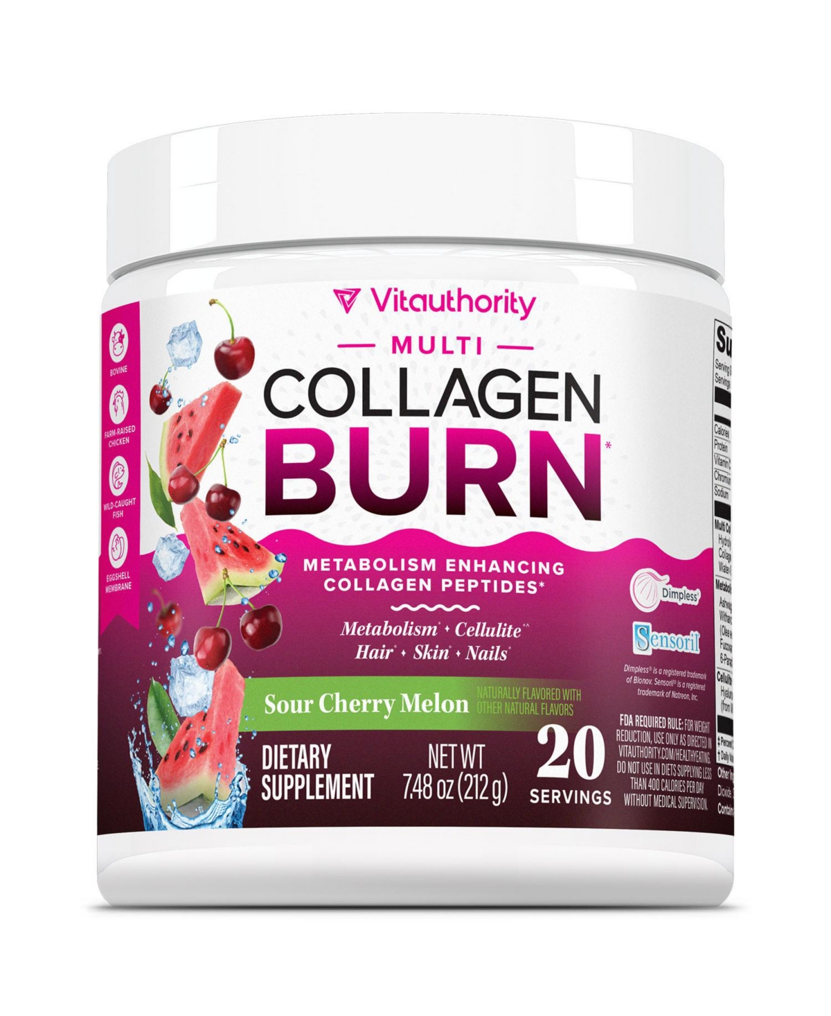 Vitauthority Multi Collagen Burn Supplement Caffeine Free Metabolism Support Collagen Peptides for Skin, Hair and Nails Sour Cherry Melon Flavor