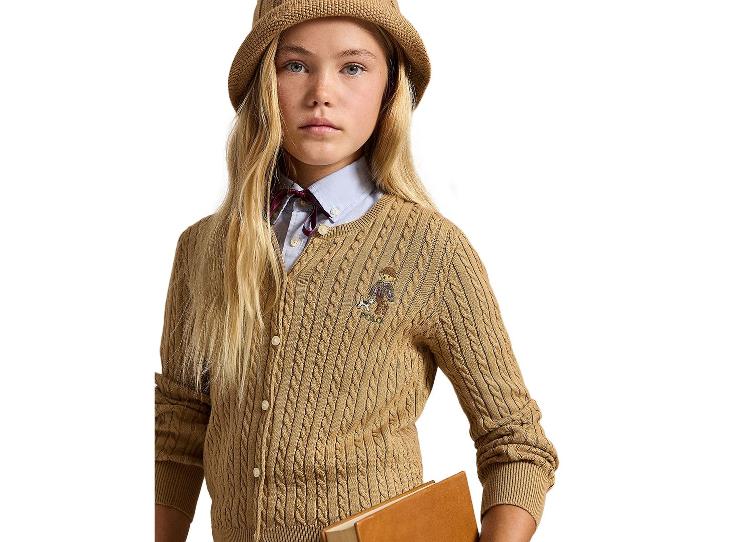 Girls' 7-16 Polo Bear Mini-Cable Cotton Cardigan