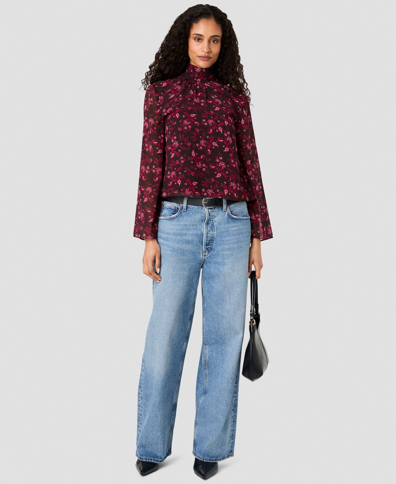 Women's Marina Chiffon Bow Long-Sleeve Mock-Tie Neck Floral-Print Blouse