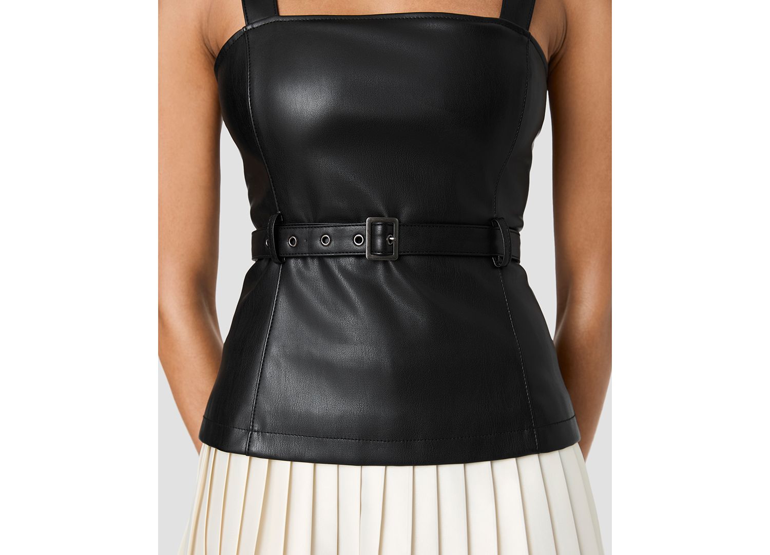 Women's Faux Leather and Satin Square Neck Sleeveless Mini Dress