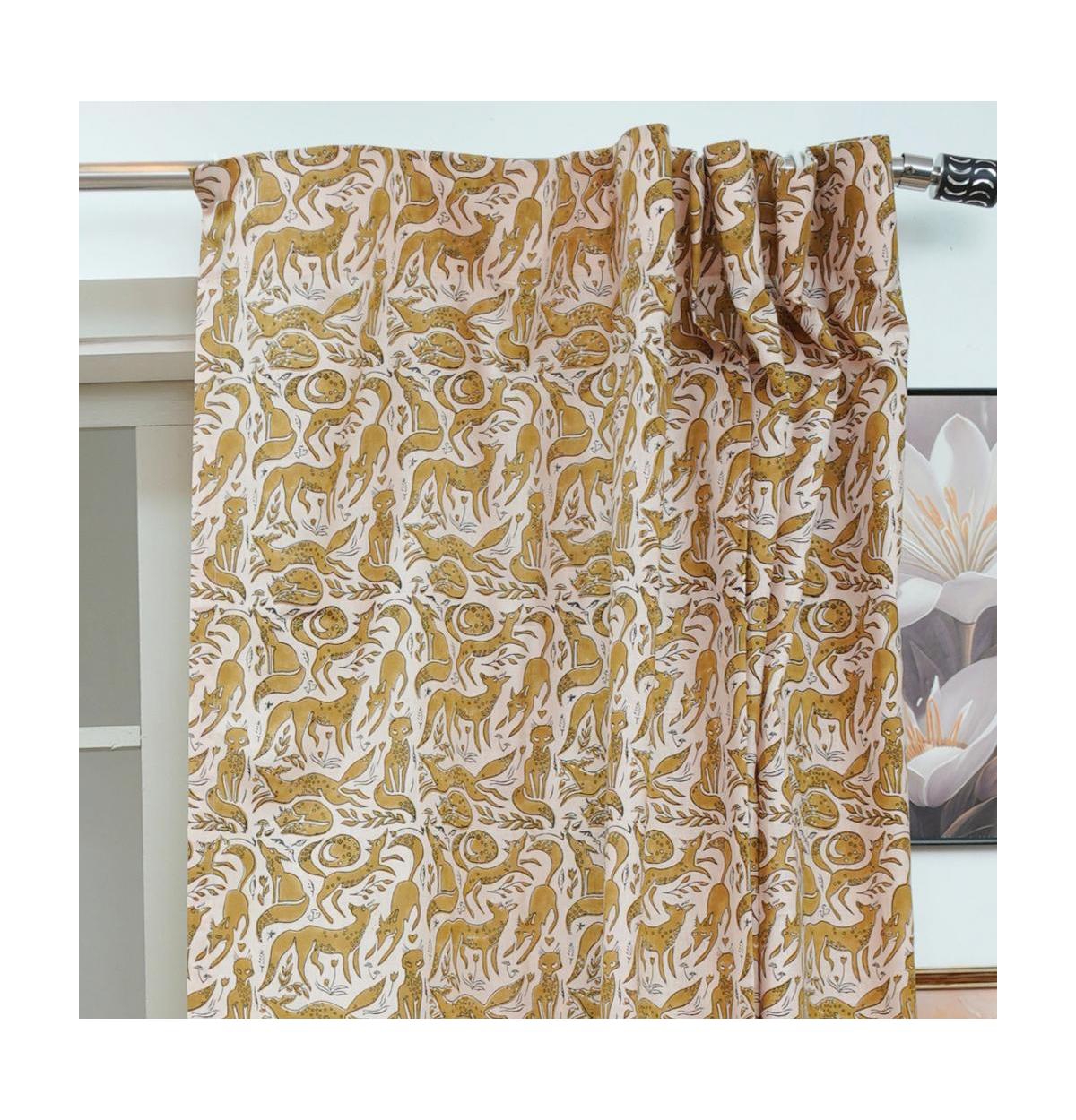 Fabdivine Gheravan Mustard Boho Animal Block Print Linen Curtain