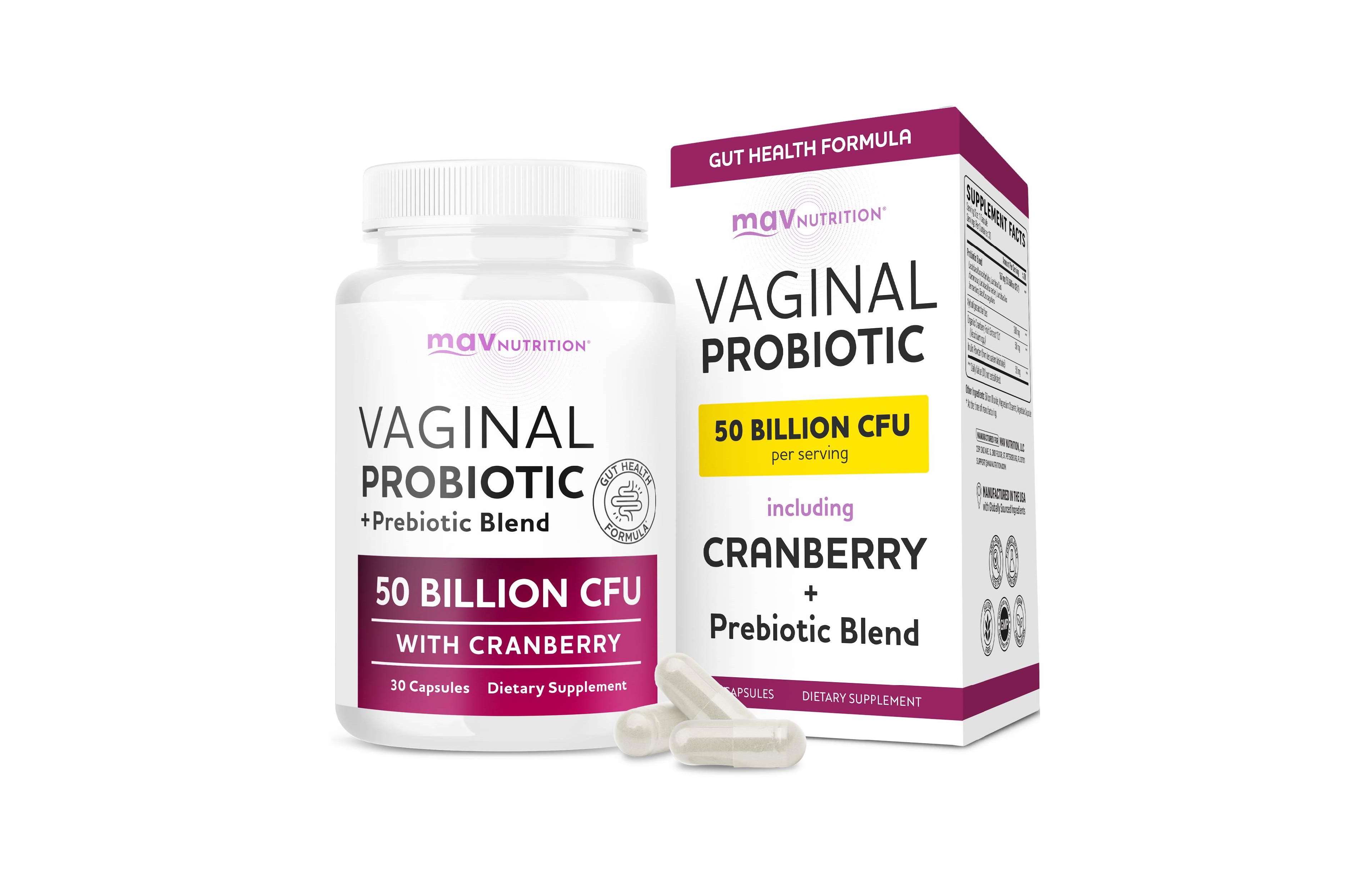 Mav Nutrition Vaginal Probiotics with Prebiotics and Cranberry Extract, 50 Billion Cfu, 30 Capsules