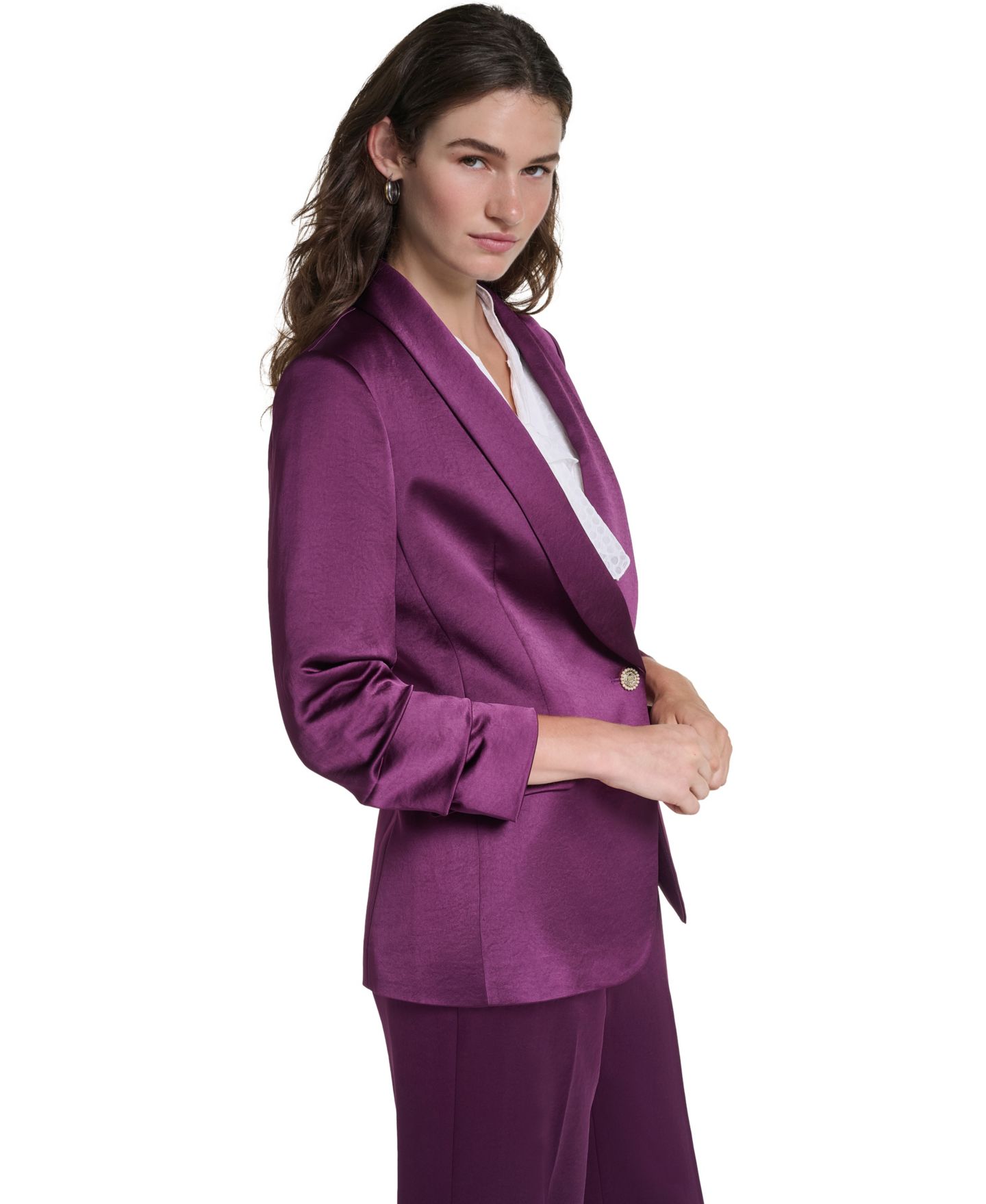 Женский пиджак KARL LAGERFELD PARIS Ruched 3/4-Sleeve Shawl Collar Blazer, цвет: Вишнёвый — фото 3