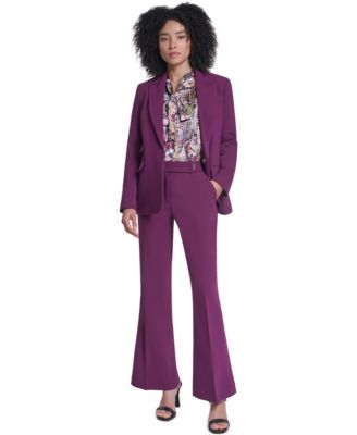 Women's Notch Collar One-Button Blazer, Long-Sleeve V-Neck Print Blouse and Wide-Leg Mid-Rise Pants  