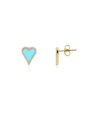 Mini Turquoise CZ Halo Heart Stud Earrings 14K Gold-Plated Sterling Silver