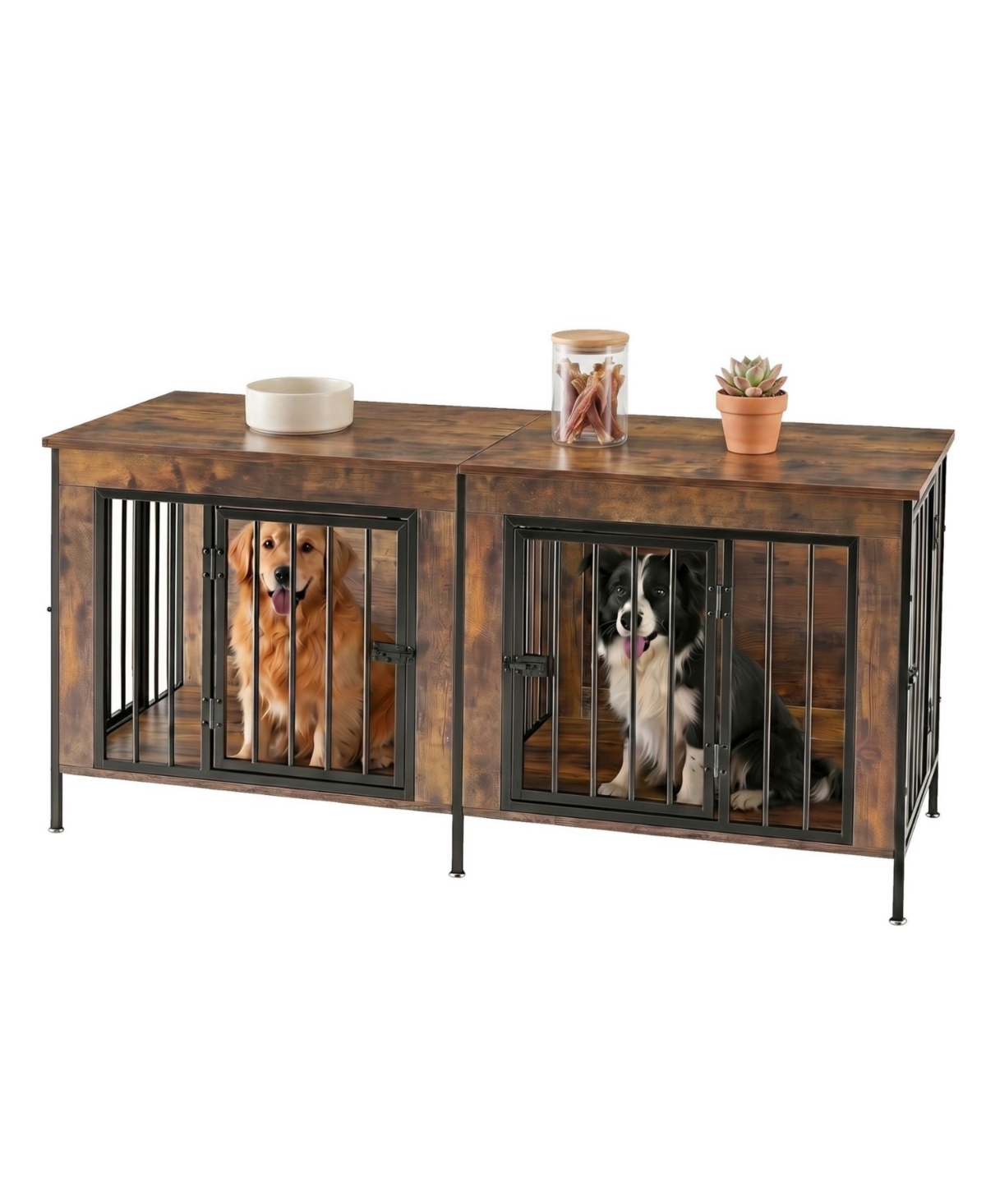 Zeny Double Dog Crate Furniture with Divider, Heavy Duty Pet Kennel End Table Tv Stand