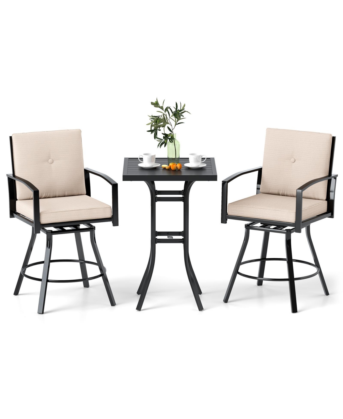 Gymax 3-Piece Patio Swivel Bar Set w/ Soft Cushions and 1.57'' Umbrella Hole