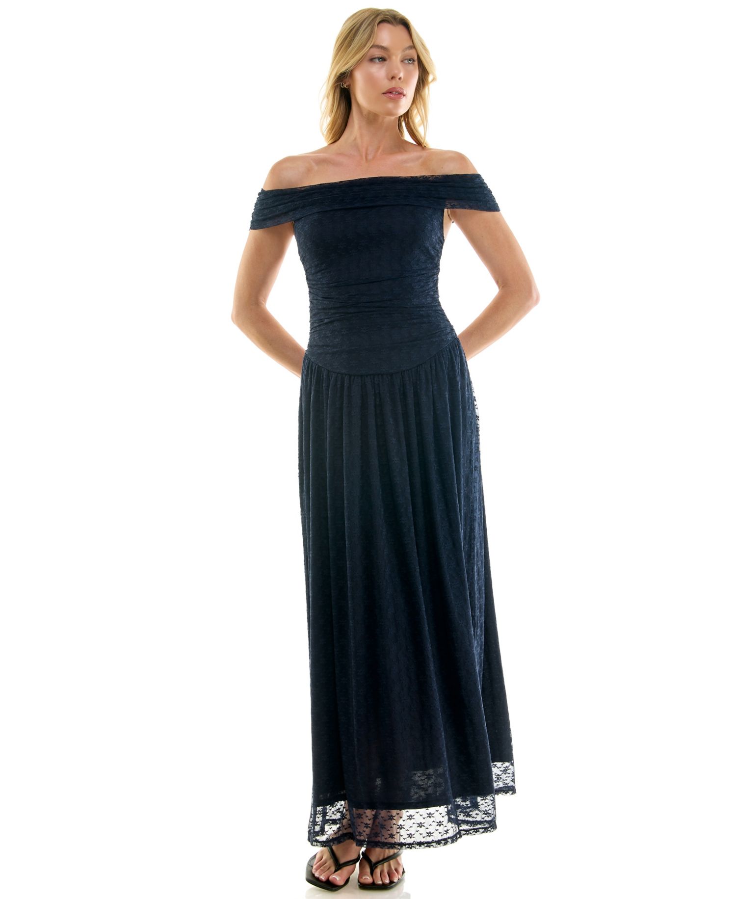 Juniors' Lea Off-the-Shoulder Lace Ruched Maxi Dress