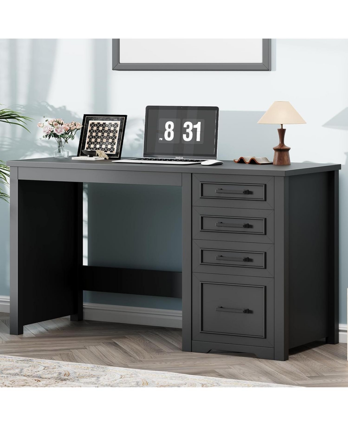 Vabches Farmhouse Executive Desk with Drawers and Charging Station for Home Office