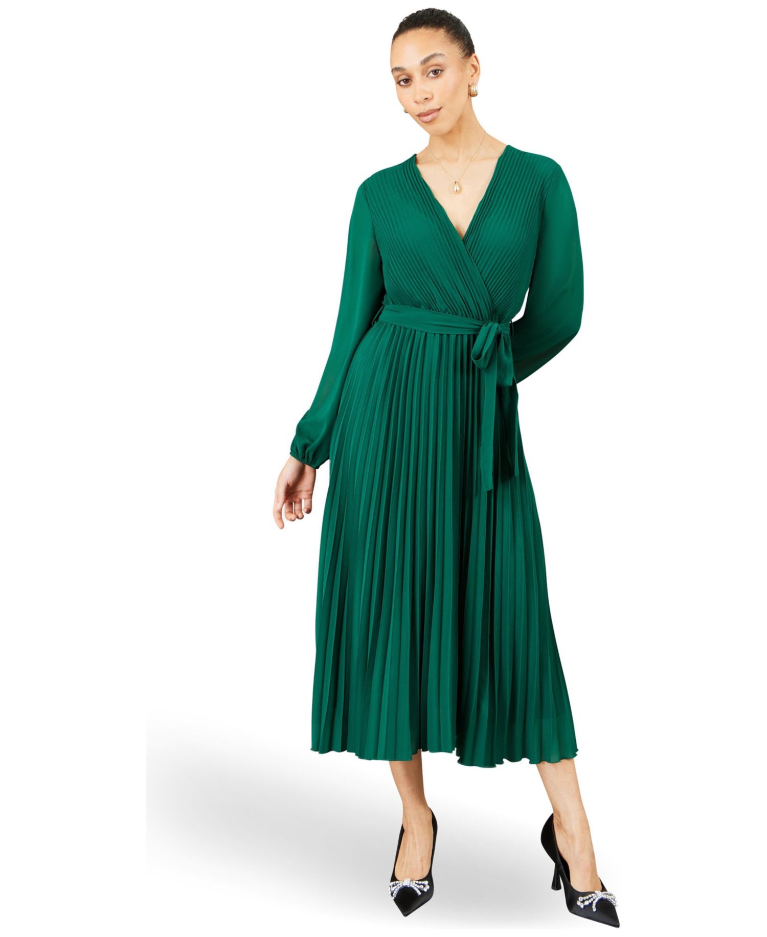 Women's Long-Sleeve V-Neck Pleated Wrap Midi Dress